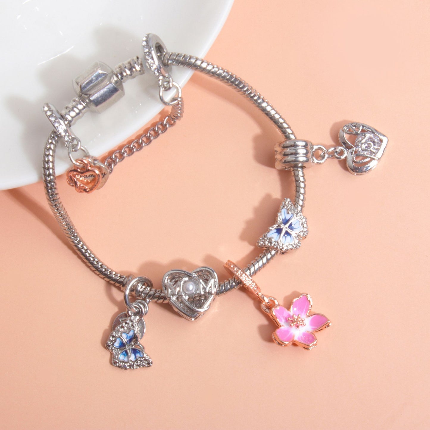 Blue Butterfly Glass Bead & Pink Flower Pendant Charm Bracelet(18cm) V1132-NSSL54-18