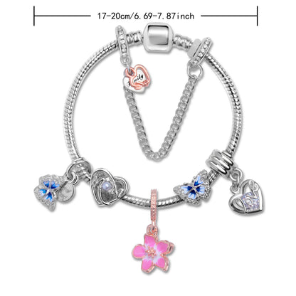 Blue Butterfly Glass Bead & Pink Flower Pendant Charm Bracelet(19cm) V1132-NSSL54-19