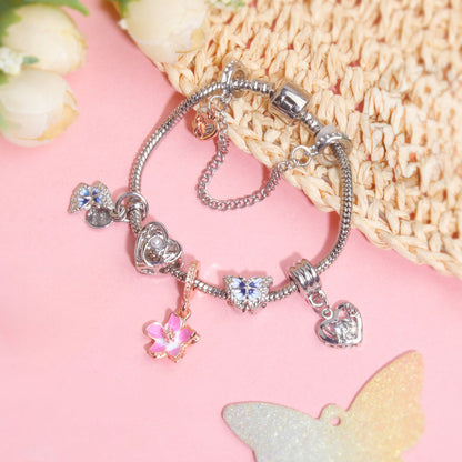 Blue Butterfly Glass Bead & Pink Flower Pendant Charm Bracelet(19cm) V1132-NSSL54-19