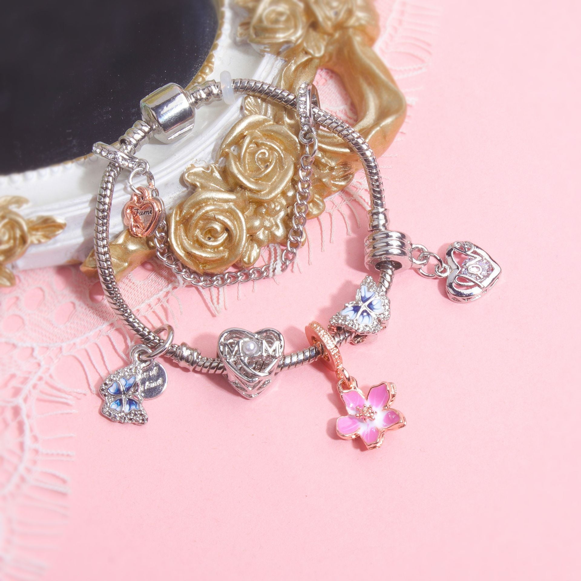 Blue Butterfly Glass Bead & Pink Flower Pendant Charm Bracelet(19cm) V1132-NSSL54-19