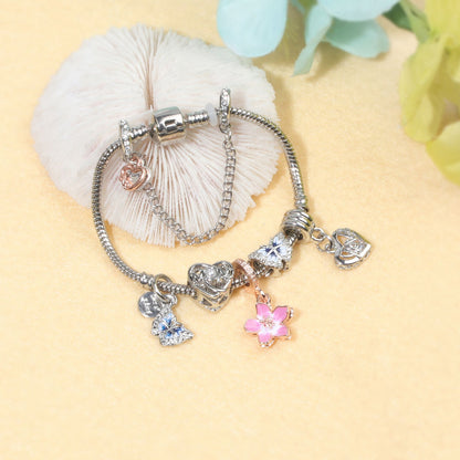 Blue Butterfly Glass Bead & Pink Flower Pendant Charm Bracelet(19cm) V1132-NSSL54-19