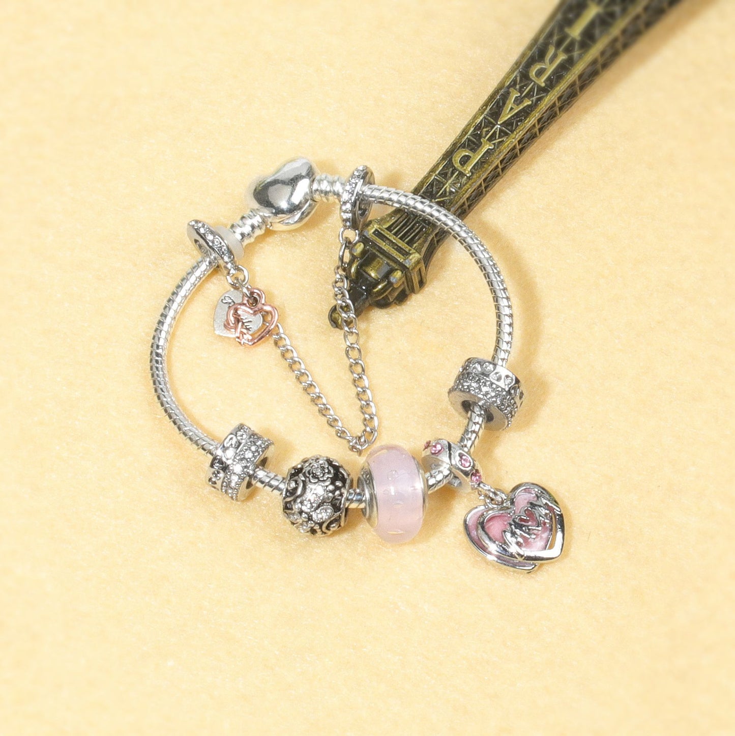 Heart Charm Beaded Bracelet with Crystals(17cm) V1132-NSSL55-17