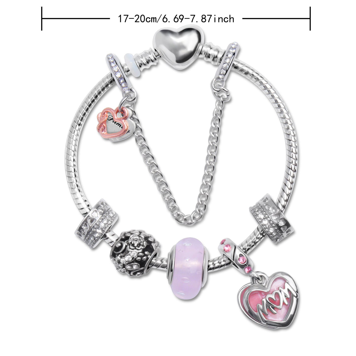 Heart Charm Beaded Bracelet with Crystals(18cm) V1132-NSSL55-18