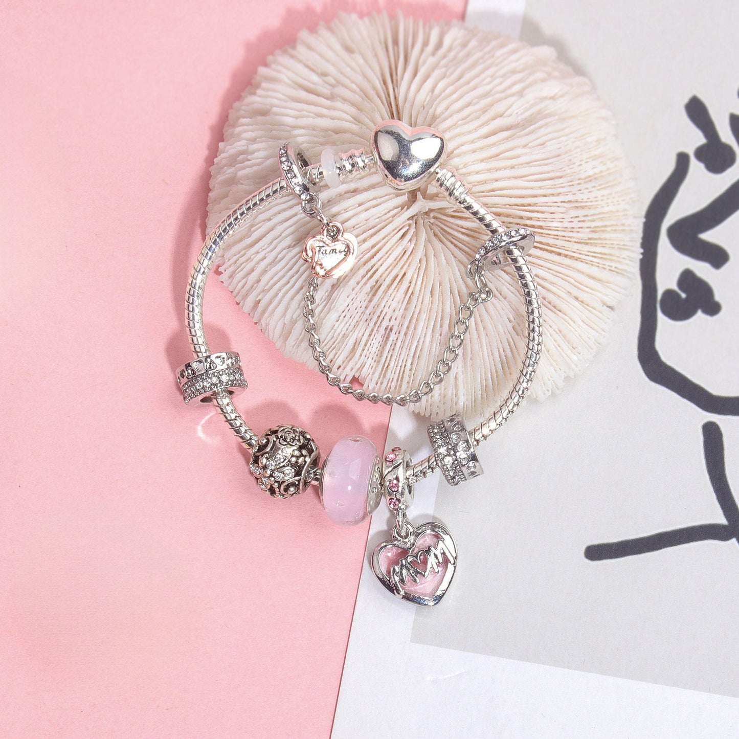 Heart Charm Beaded Bracelet with Crystals(18cm) V1132-NSSL55-18