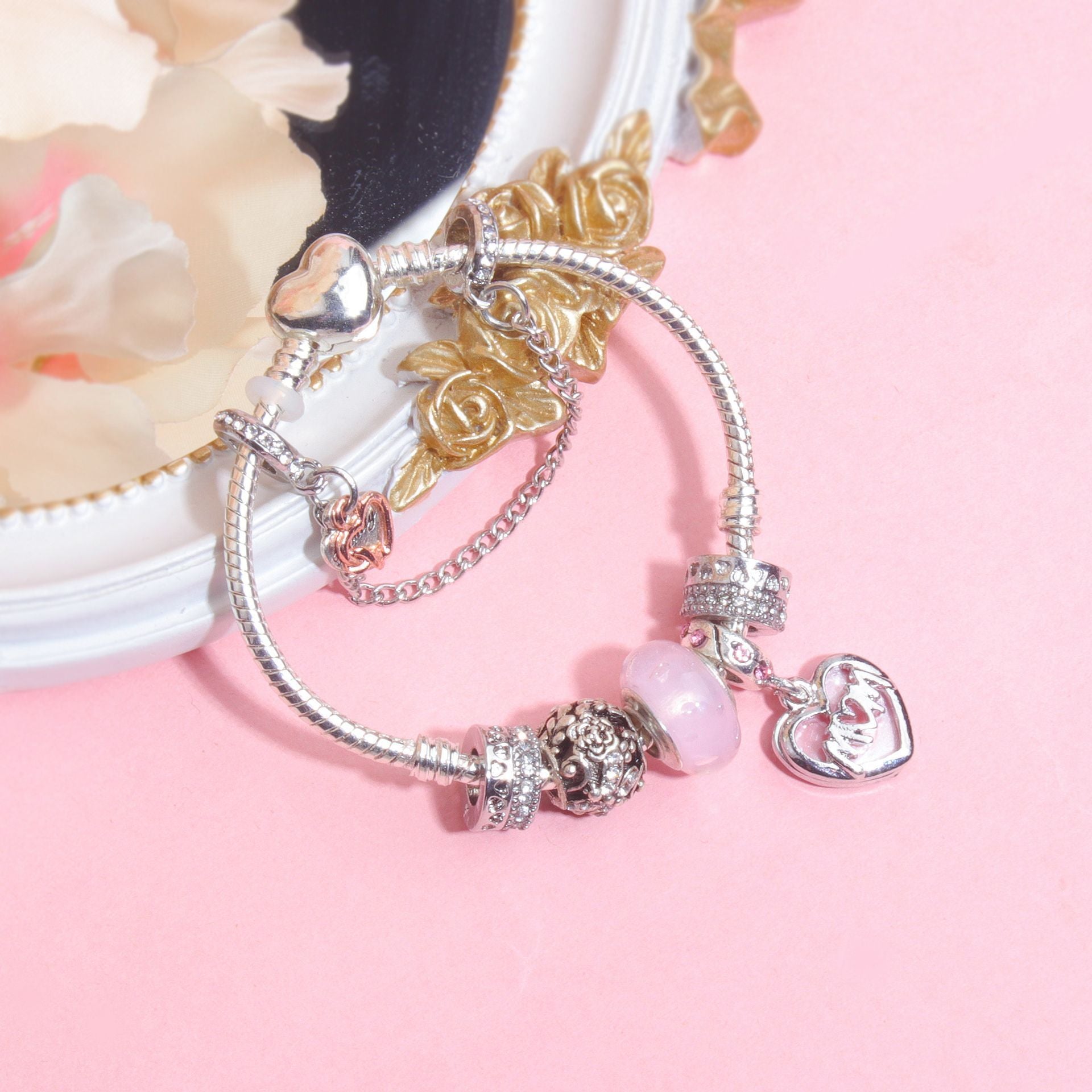 Heart Charm Beaded Bracelet with Crystals(19cm) V1132-NSSL55-19