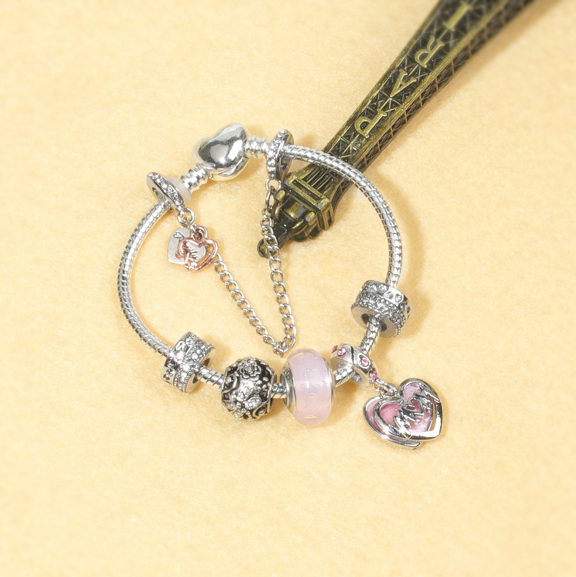 Heart Charm Beaded Bracelet with Crystals(19cm) V1132-NSSL55-19