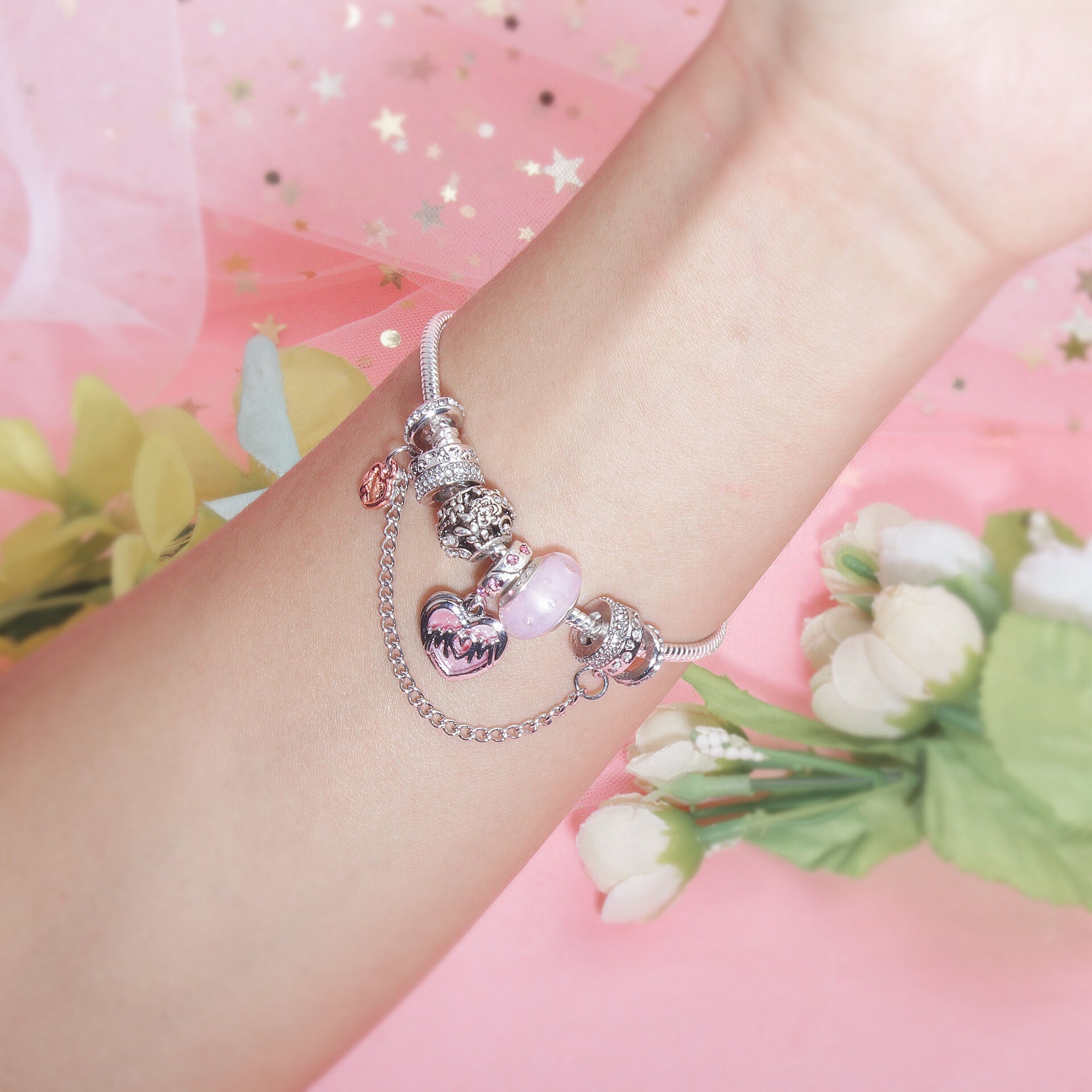 Heart Charm Beaded Bracelet with Crystals(20cm) V1132-NSSL55-20