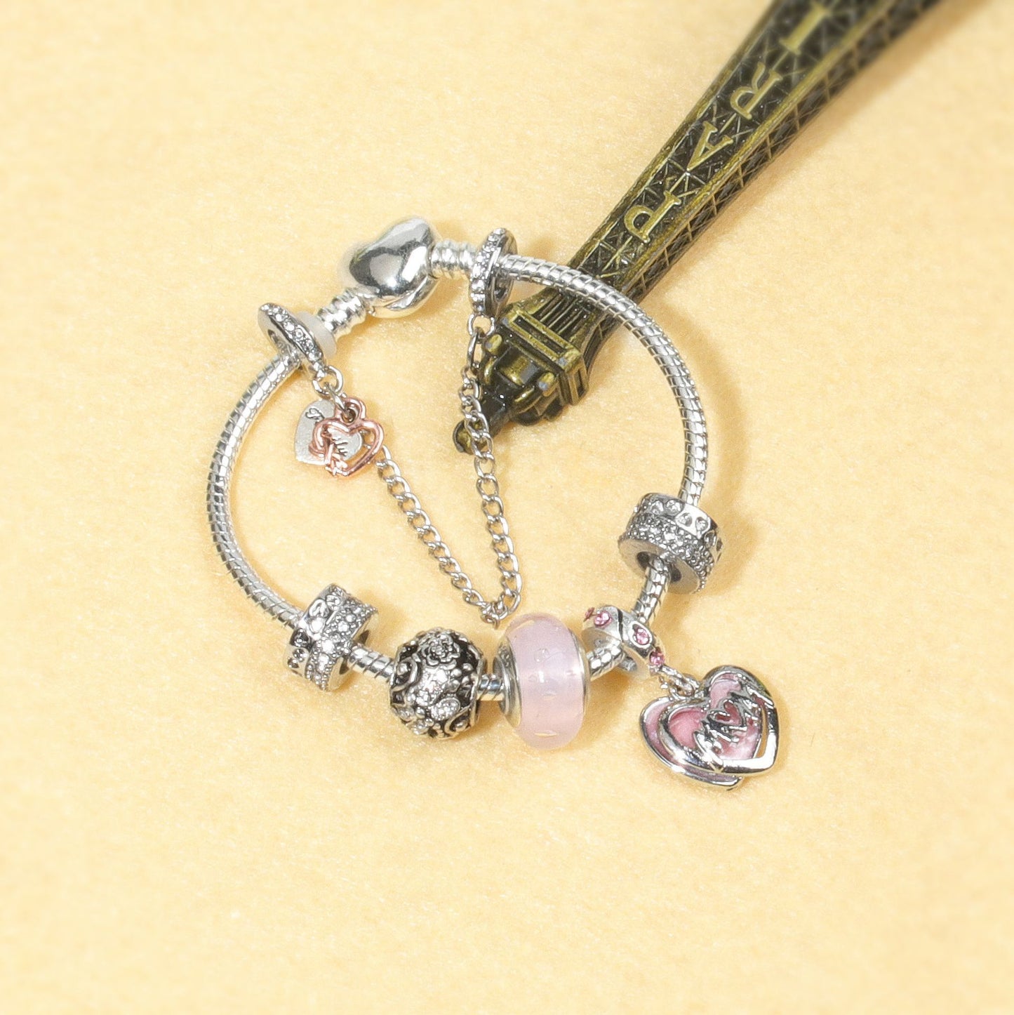 Heart Charm Beaded Bracelet with Crystals(20cm) V1132-NSSL55-20