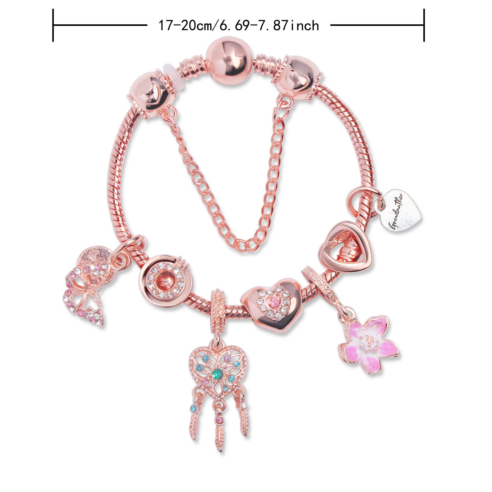 Rose Gold Bracelet with Dreamcatcher & Lily Pendant, Crystal Zircon Beads(17cm) V1132-NSSL56-17