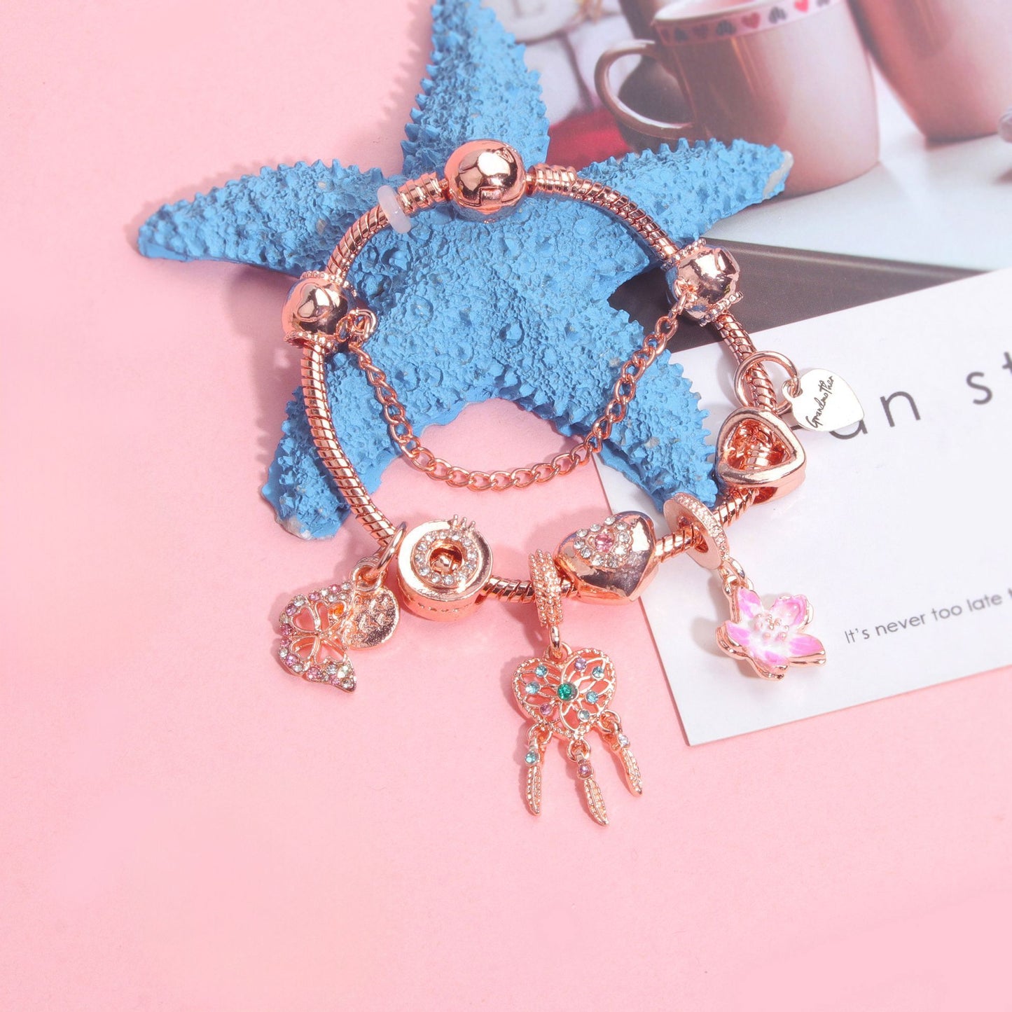 Rose Gold Bracelet with Dreamcatcher & Lily Pendant, Crystal Zircon Beads(17cm) V1132-NSSL56-17