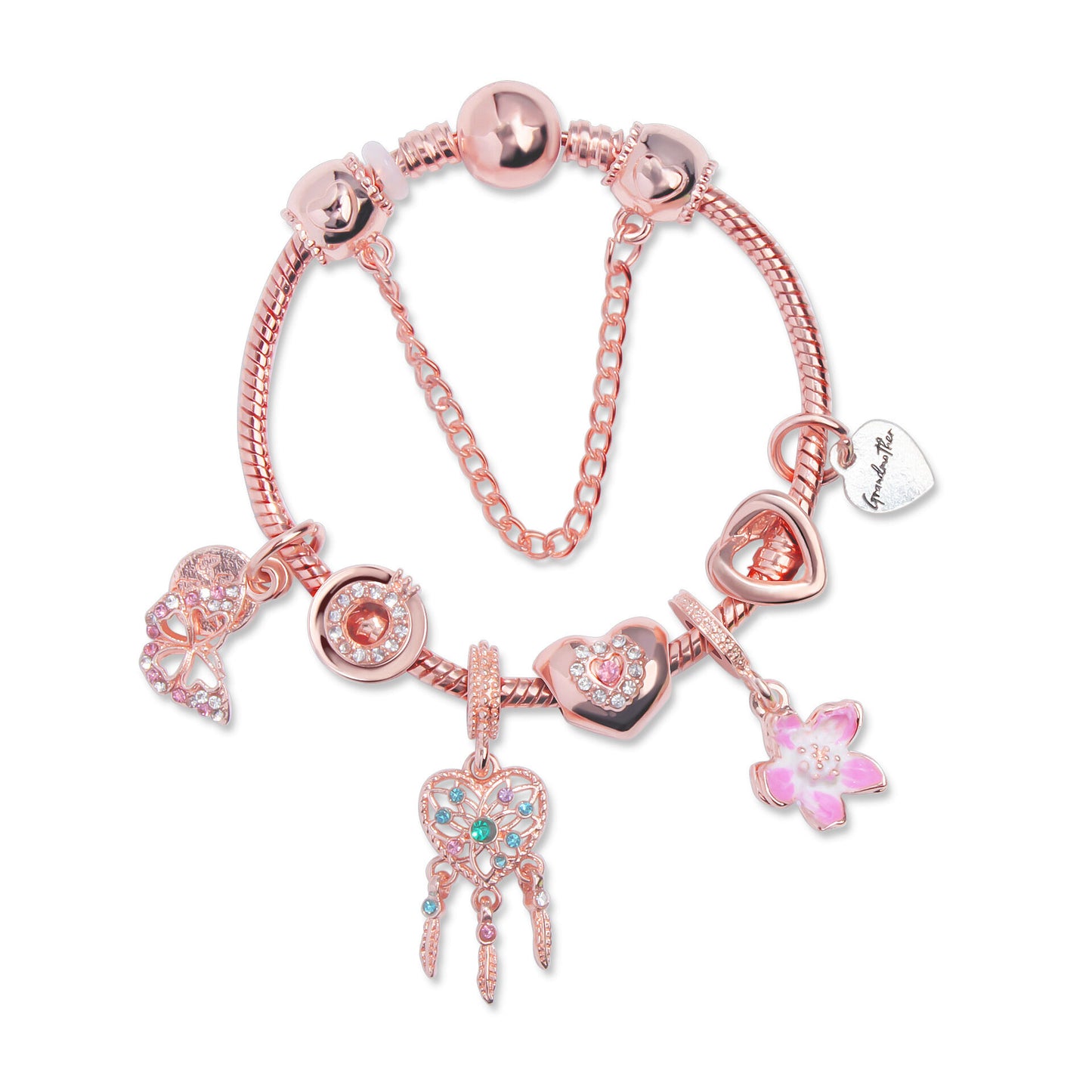 Rose Gold Bracelet with Dreamcatcher & Lily Pendant, Crystal Zircon Beads(18cm) V1132-NSSL56-18