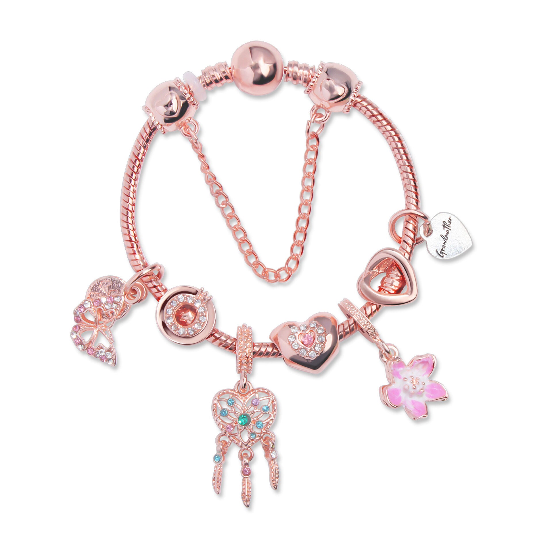 Rose Gold Bracelet with Dreamcatcher & Lily Pendant, Crystal Zircon Beads(18cm) V1132-NSSL56-18