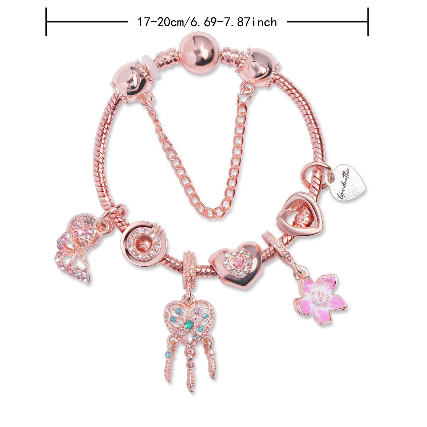 Rose Gold Bracelet with Dreamcatcher & Lily Pendant, Crystal Zircon Beads(18cm) V1132-NSSL56-18