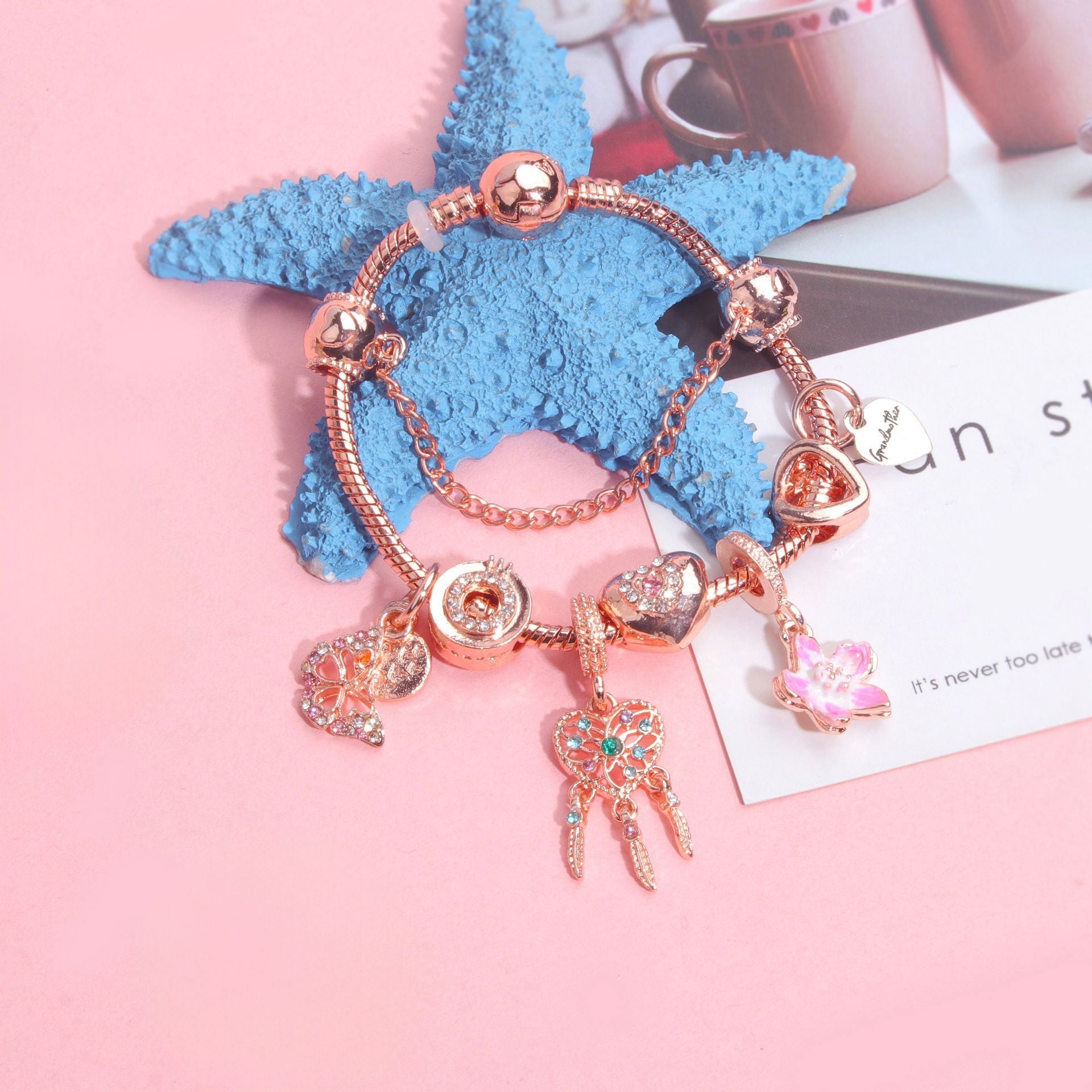Rose Gold Bracelet with Dreamcatcher & Lily Pendant, Crystal Zircon Beads(18cm) V1132-NSSL56-18