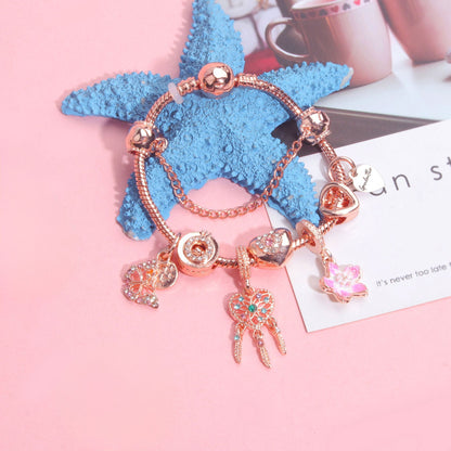 Rose Gold Bracelet with Dreamcatcher & Lily Pendant, Crystal Zircon Beads(18cm) V1132-NSSL56-18
