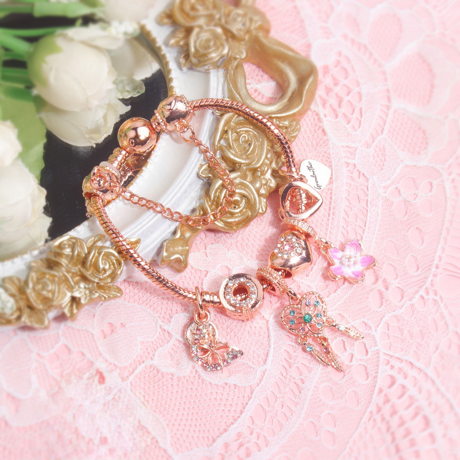Rose Gold Bracelet with Dreamcatcher & Lily Pendant, Crystal Zircon Beads(18cm) V1132-NSSL56-18