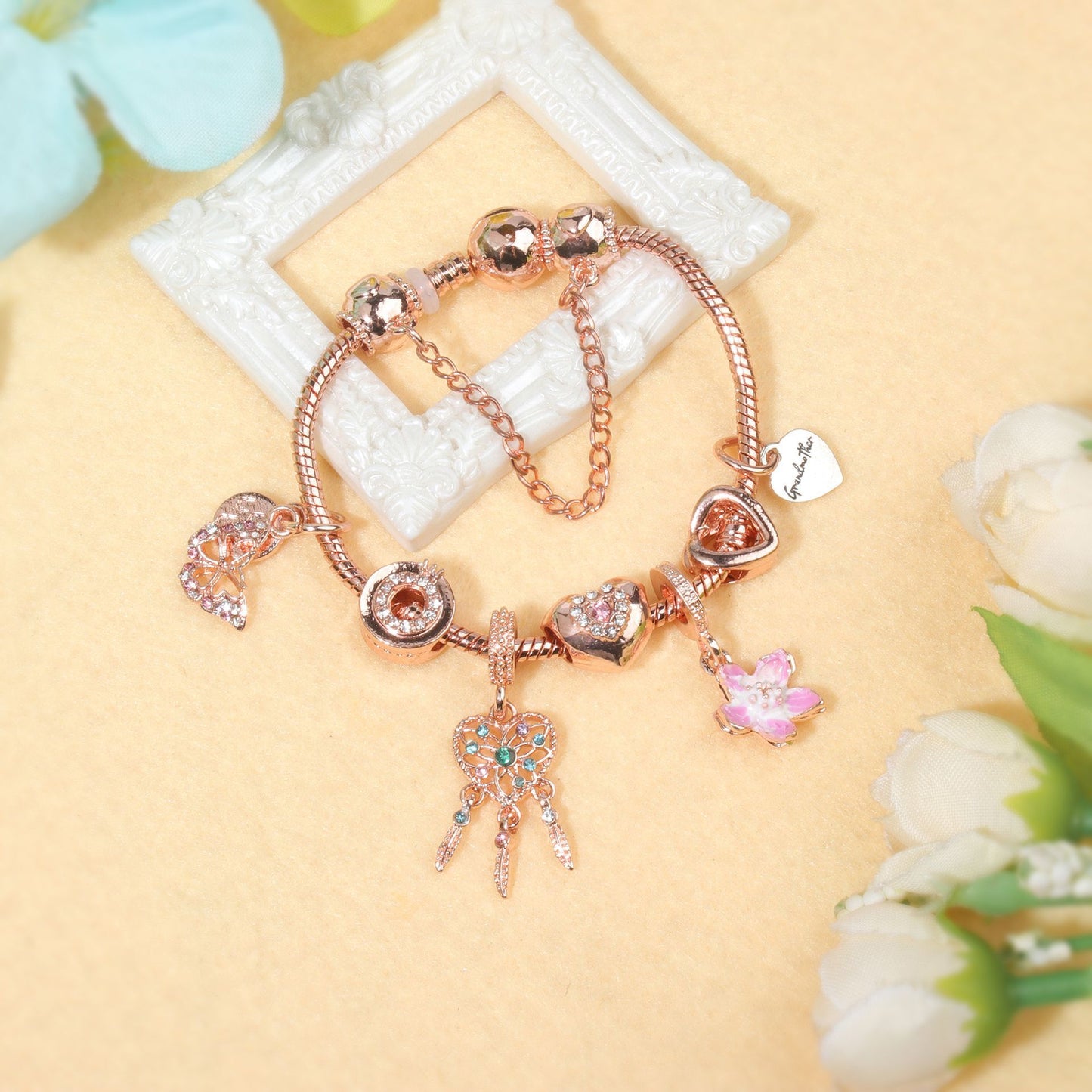 Rose Gold Bracelet with Dreamcatcher & Lily Pendant, Crystal Zircon Beads(18cm) V1132-NSSL56-18