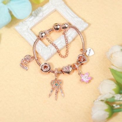 Rose Gold Bracelet with Dreamcatcher & Lily Pendant, Crystal Zircon Beads(18cm) V1132-NSSL56-18