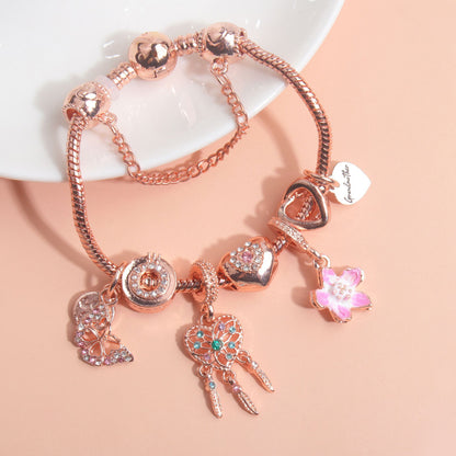 Rose Gold Bracelet with Dreamcatcher & Lily Pendant, Crystal Zircon Beads(19cm) V1132-NSSL56-19