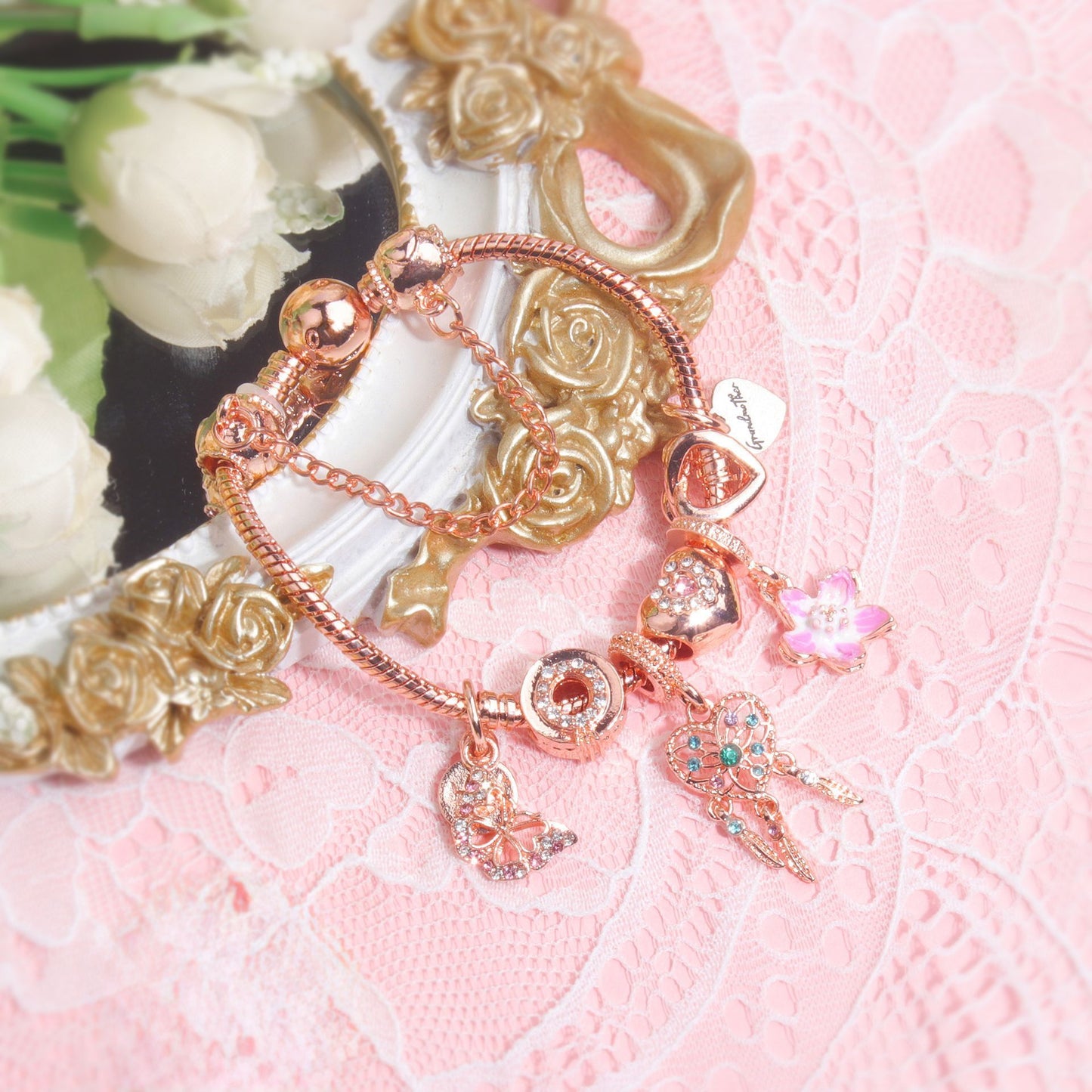 Rose Gold Bracelet with Dreamcatcher & Lily Pendant, Crystal Zircon Beads(19cm) V1132-NSSL56-19