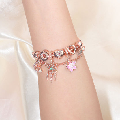Rose Gold Bracelet with Dreamcatcher & Lily Pendant, Crystal Zircon Beads(19cm) V1132-NSSL56-19
