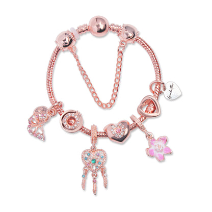 Rose Gold Bracelet with Dreamcatcher & Lily Pendant, Crystal Zircon Beads(20cm) V1132-NSSL56-20