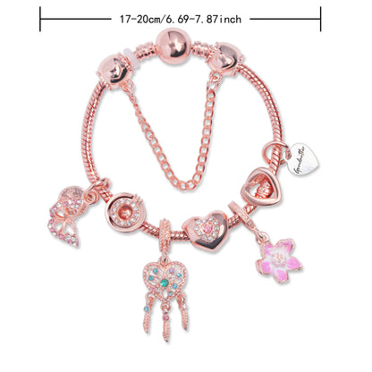 Rose Gold Bracelet with Dreamcatcher & Lily Pendant, Crystal Zircon Beads(20cm) V1132-NSSL56-20