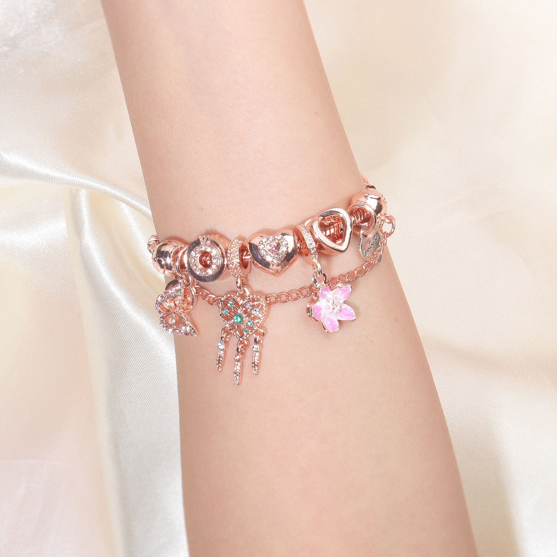 Rose Gold Bracelet with Dreamcatcher & Lily Pendant, Crystal Zircon Beads(20cm) V1132-NSSL56-20