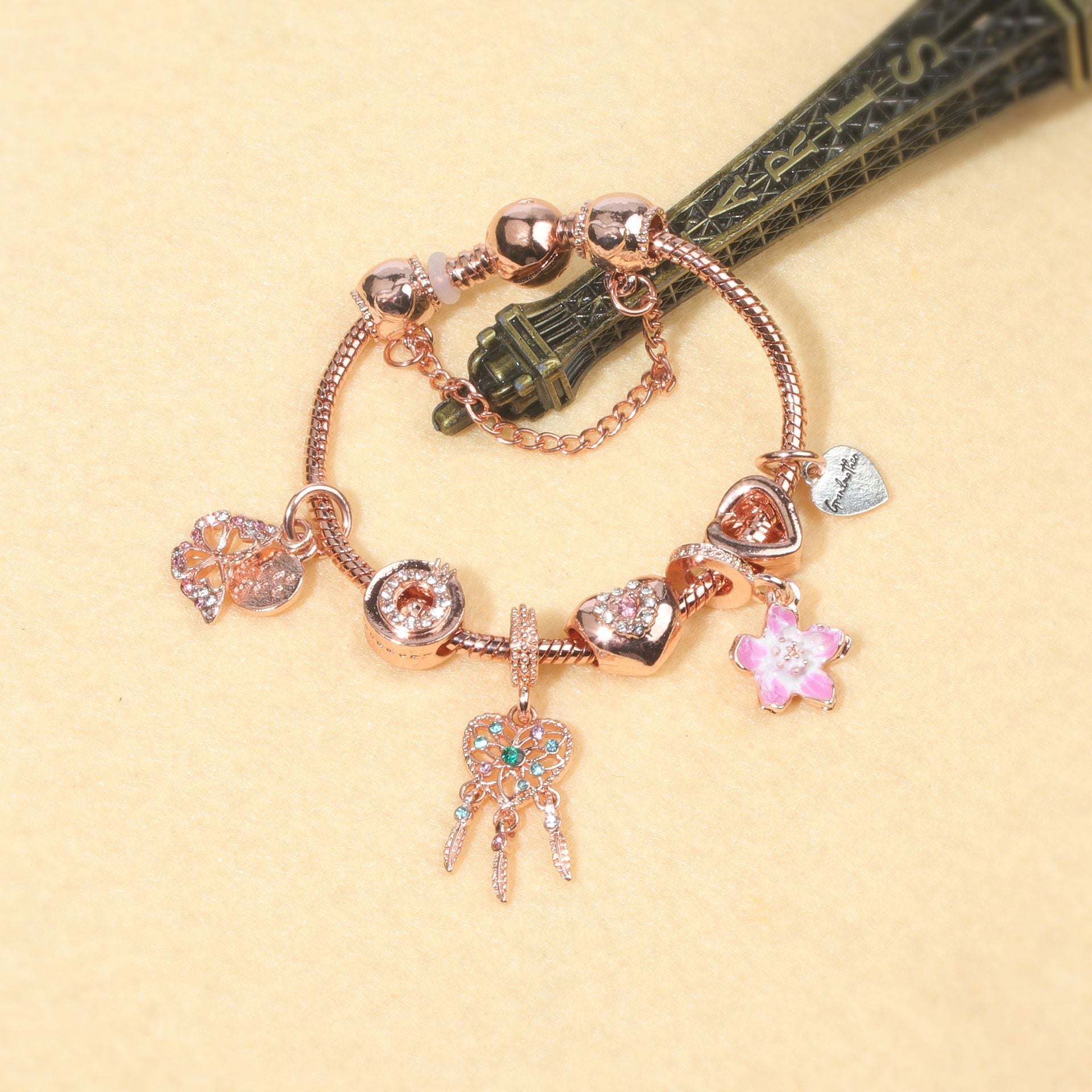 Rose Gold Bracelet with Dreamcatcher & Lily Pendant, Crystal Zircon Beads(20cm) V1132-NSSL56-20