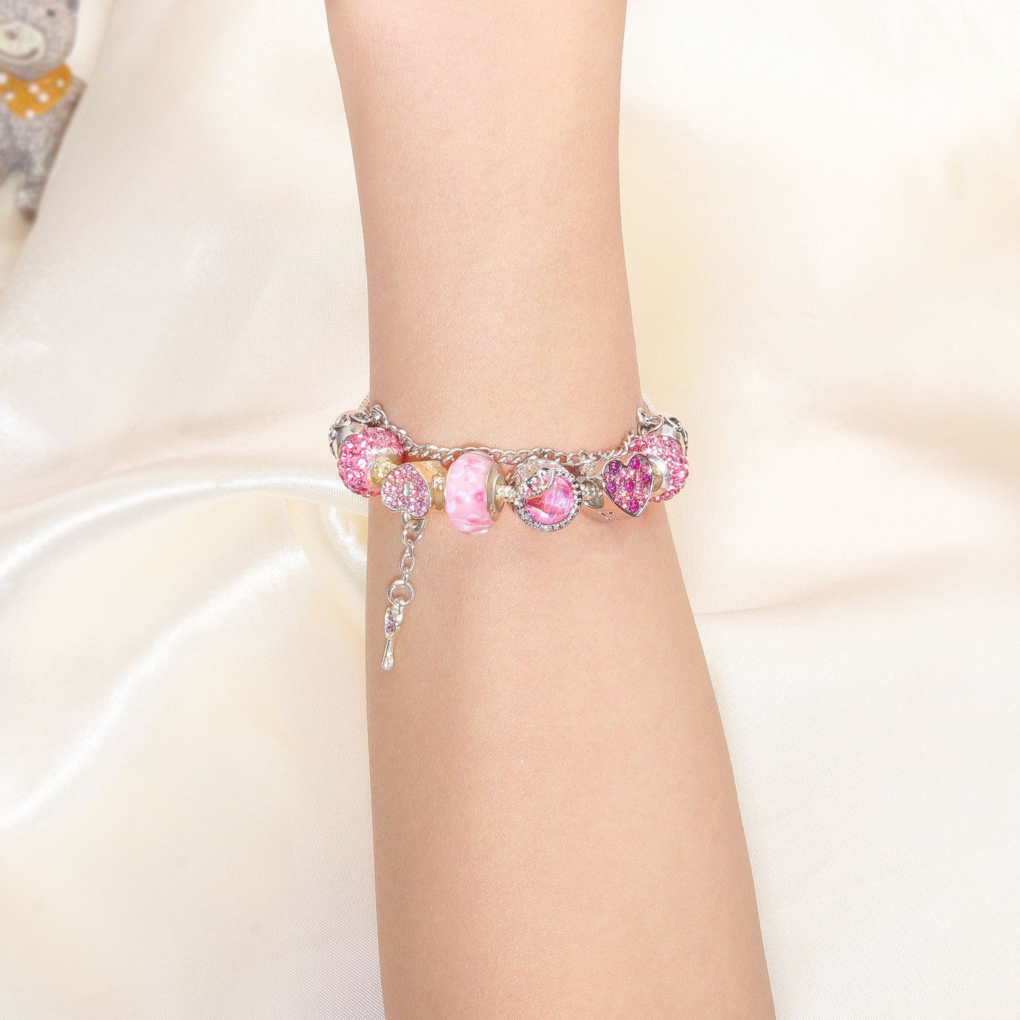 Classic Rhinestone-Inlaid Glass Bead Dreamcatcher Bracelet(pink-18cm) V1132-NSSL57-PINK-18