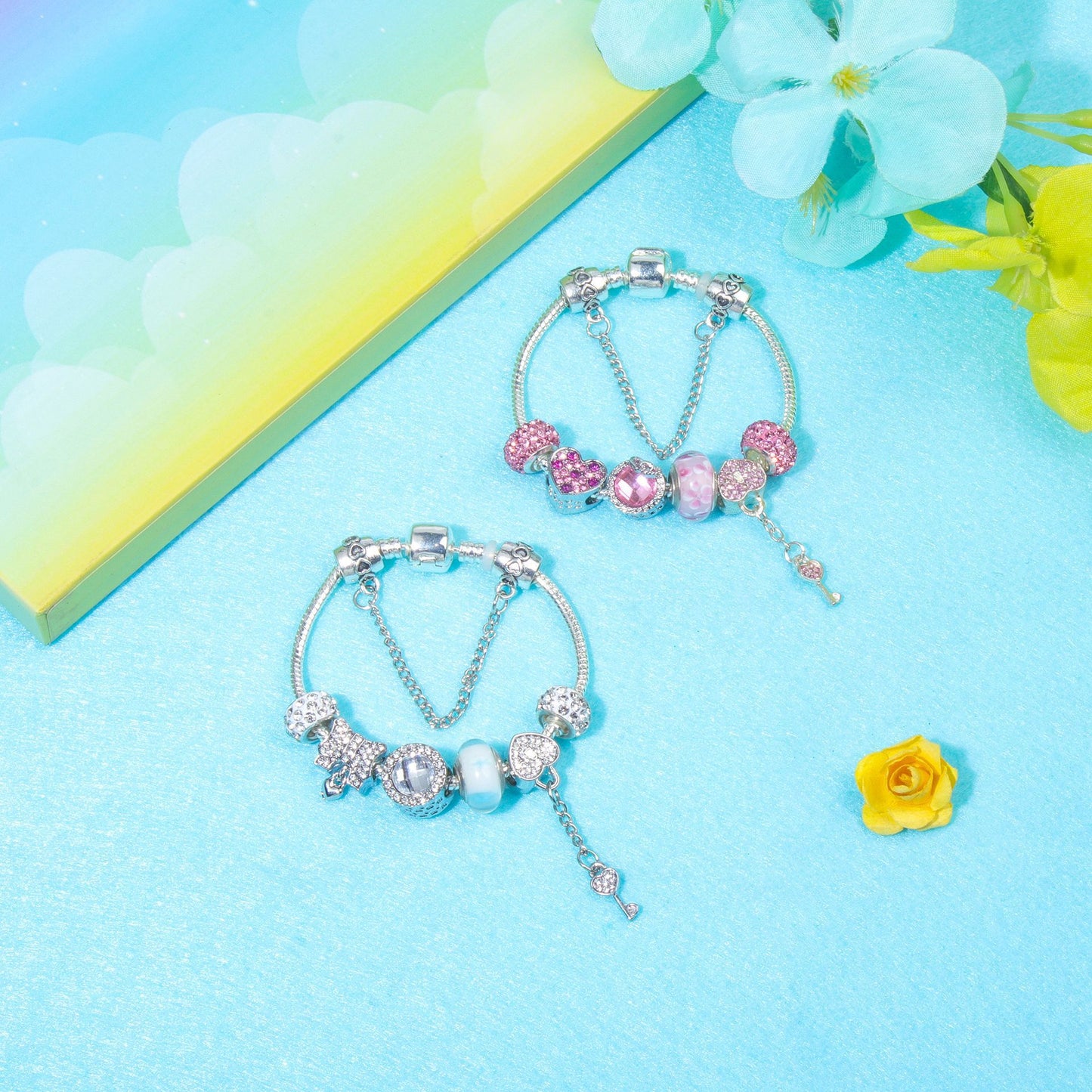Classic Rhinestone-Inlaid Glass Bead Dreamcatcher Bracelet(pink-20cm) V1132-NSSL57-PINK-20
