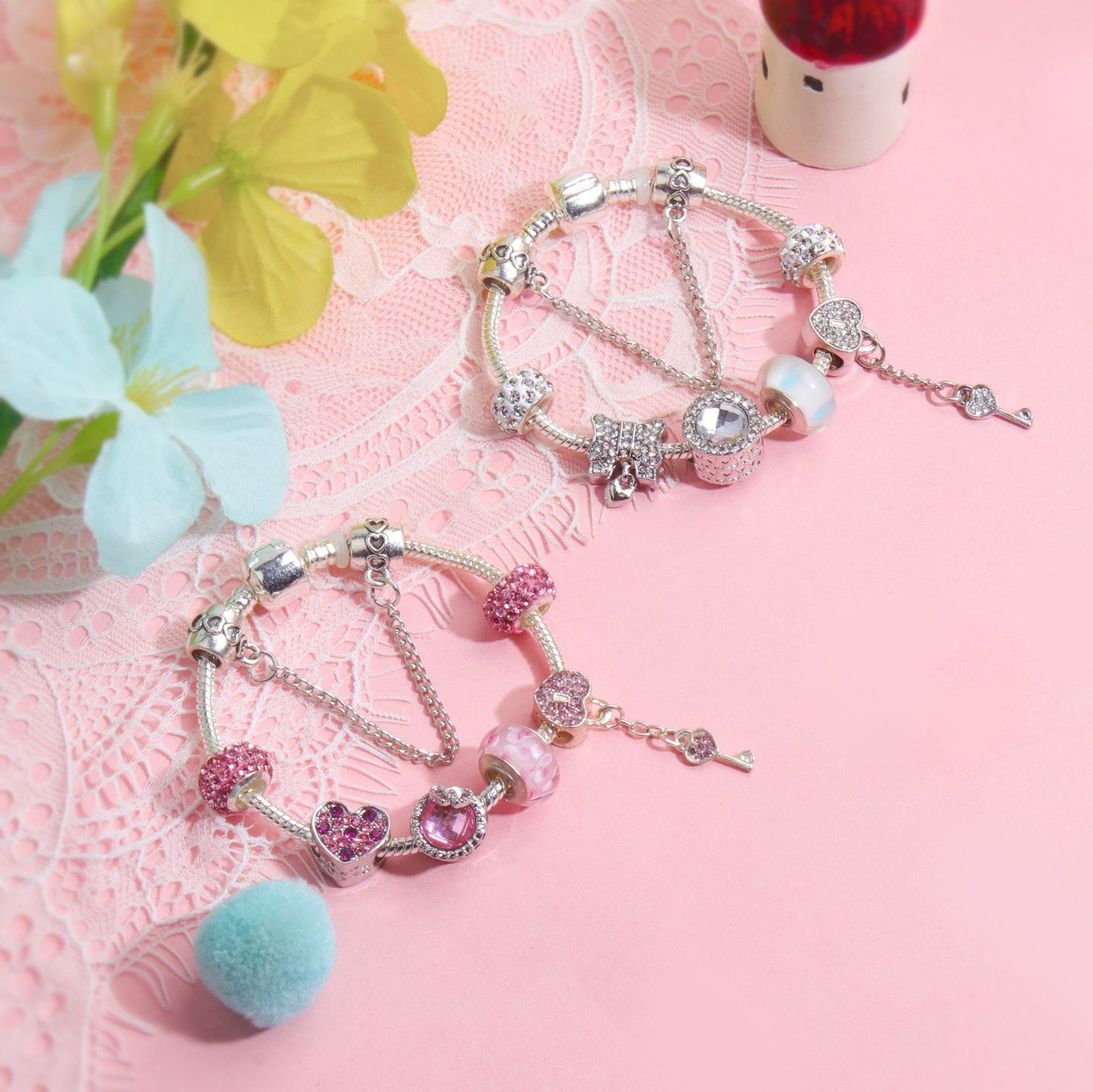 Classic Rhinestone-Inlaid Glass Bead Dreamcatcher Bracelet(silver-19cm) V1132-NSSL57-SILVER-19