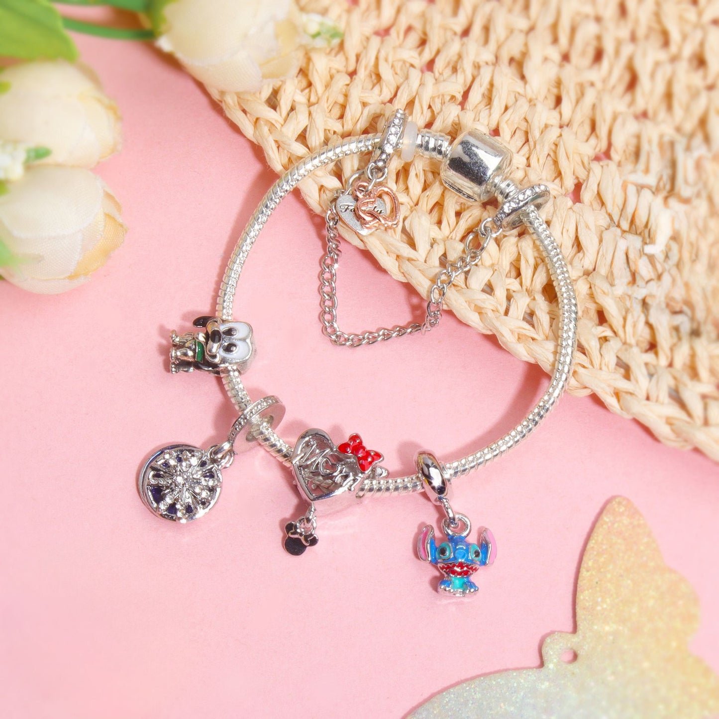 Cartoon Dog Beaded Heart Pendant DIY Bracele(19cm) V1132-NSSL58-19