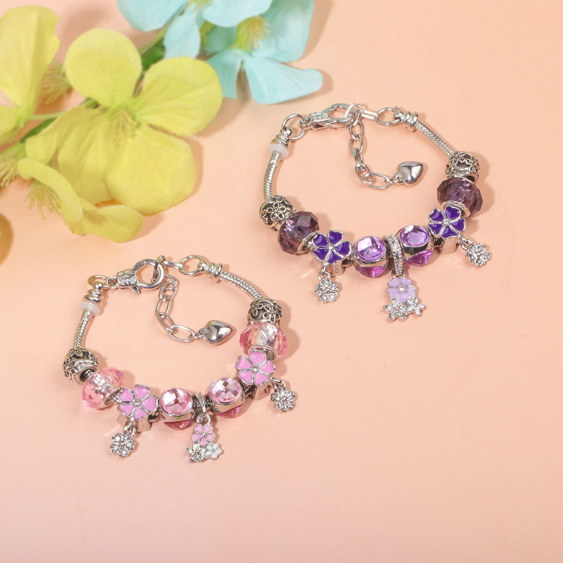 Romantic Floral Big Glass Bead Petal Pendant DIY Bracelet(pink-16cm) V1132-NSSL59-PINK-16