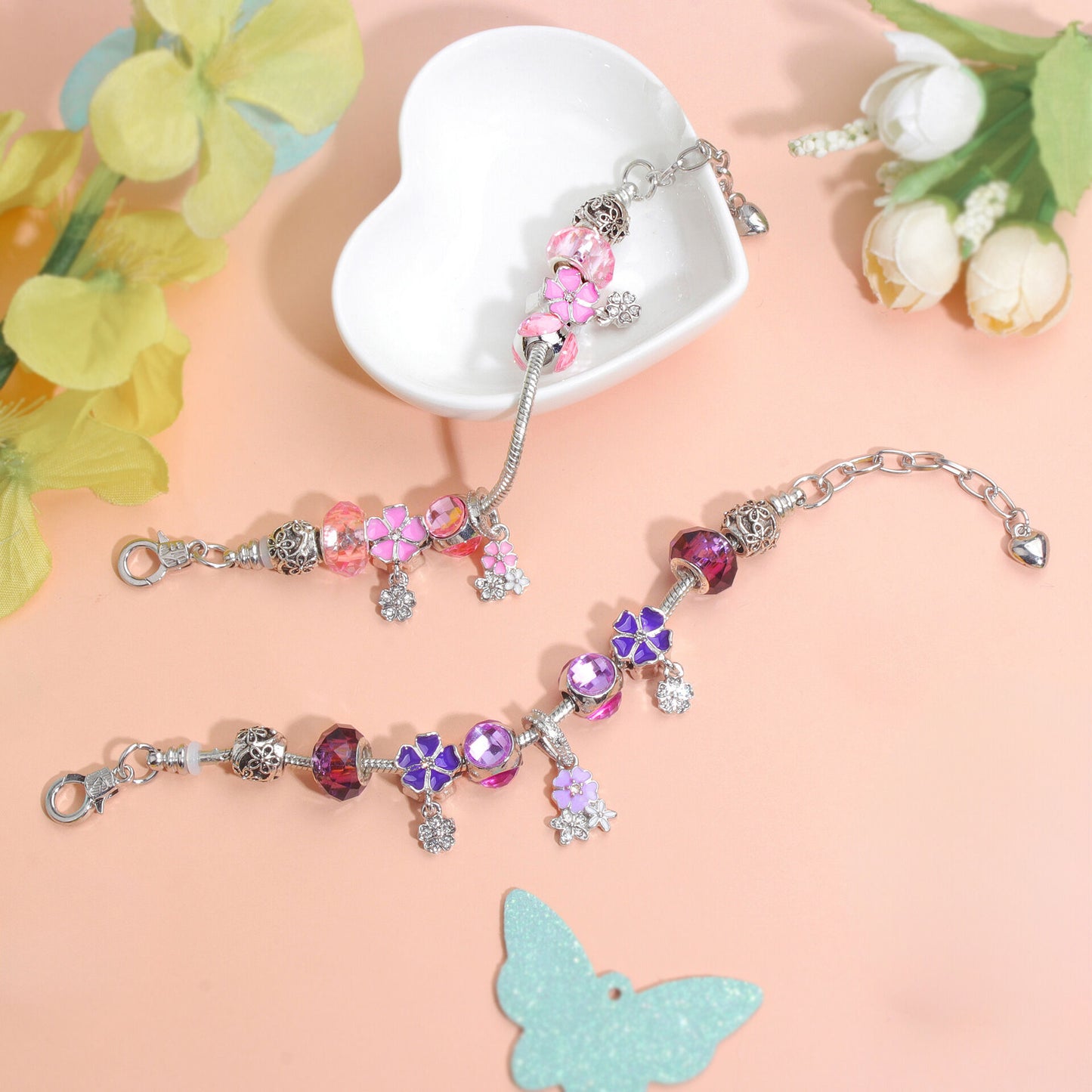 Romantic Floral Big Glass Bead Petal Pendant DIY Bracelet(pink-17cm) V1132-NSSL59-PINK-17