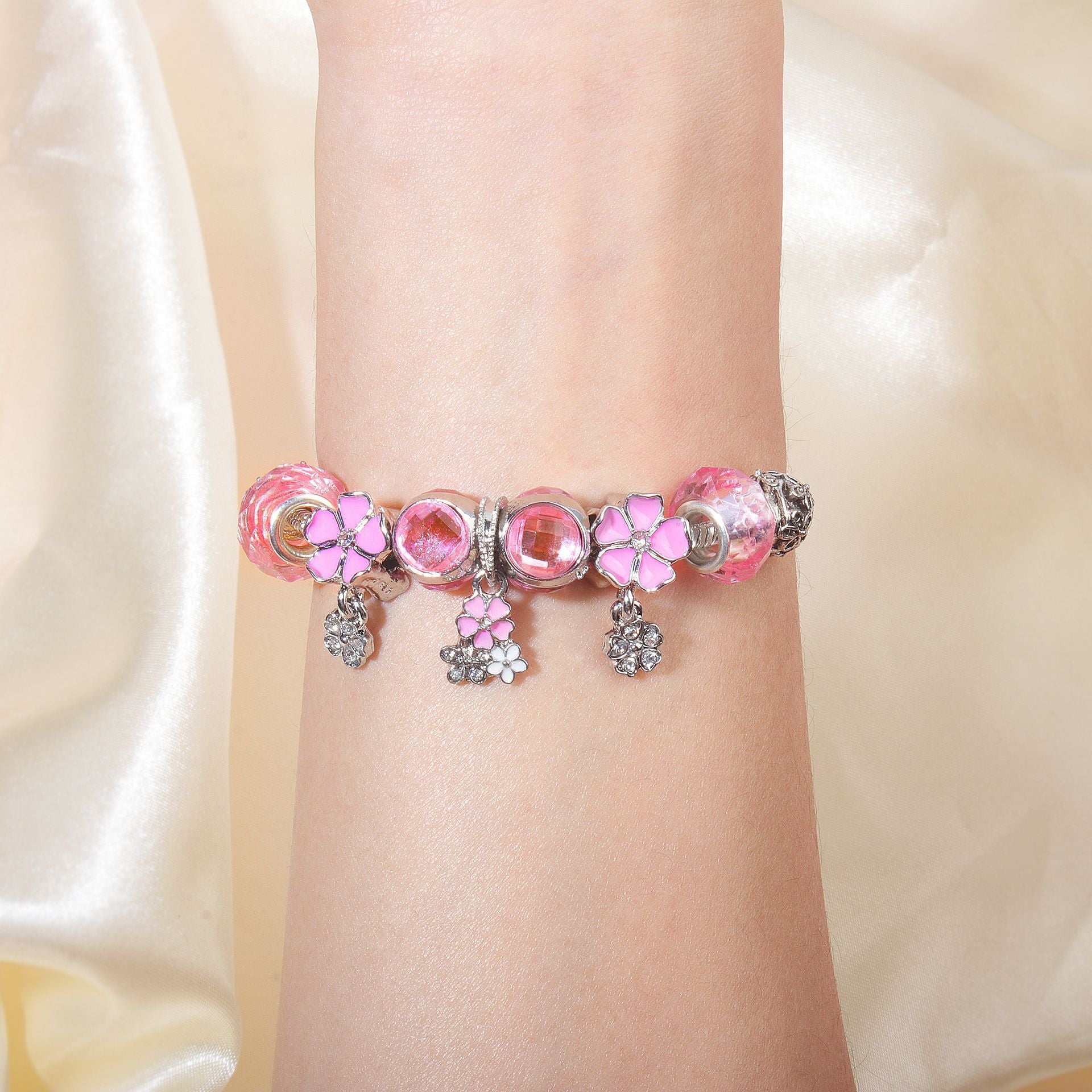 Romantic Floral Big Glass Bead Petal Pendant DIY Bracelet(pink-17cm) V1132-NSSL59-PINK-17