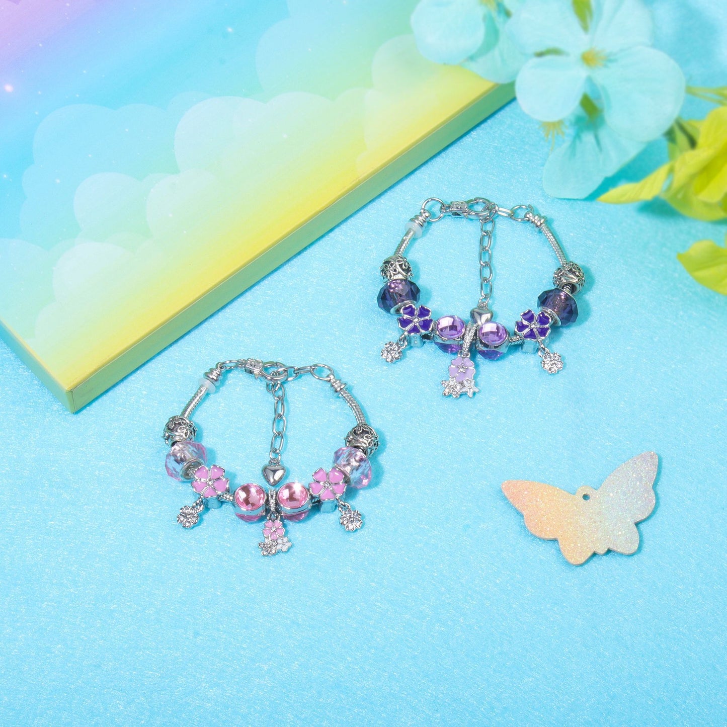 Romantic Floral Big Glass Bead Petal Pendant DIY Bracelet(pink-17cm) V1132-NSSL59-PINK-17