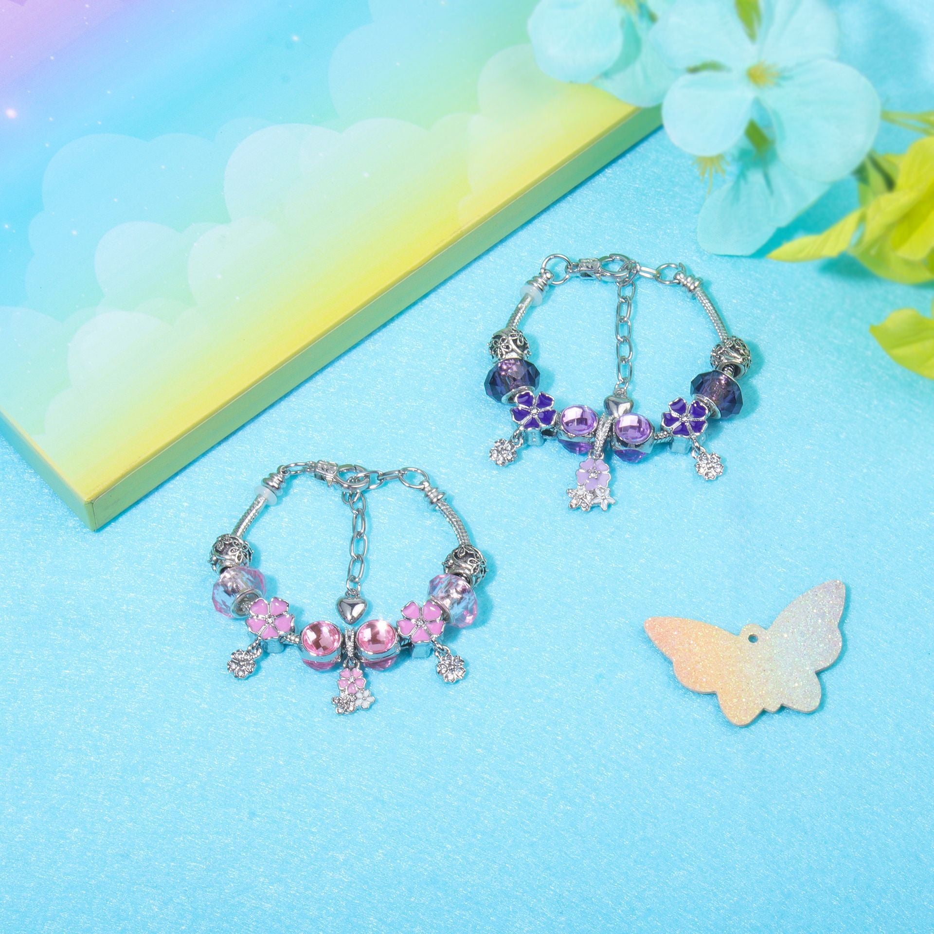 Romantic Floral Big Glass Bead Petal Pendant DIY Bracelet(pink-17cm) V1132-NSSL59-PINK-17
