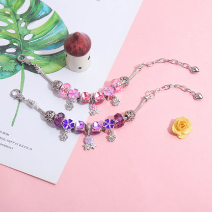 Romantic Floral Big Glass Bead Petal Pendant DIY Bracelet(pink-17cm) V1132-NSSL59-PINK-17