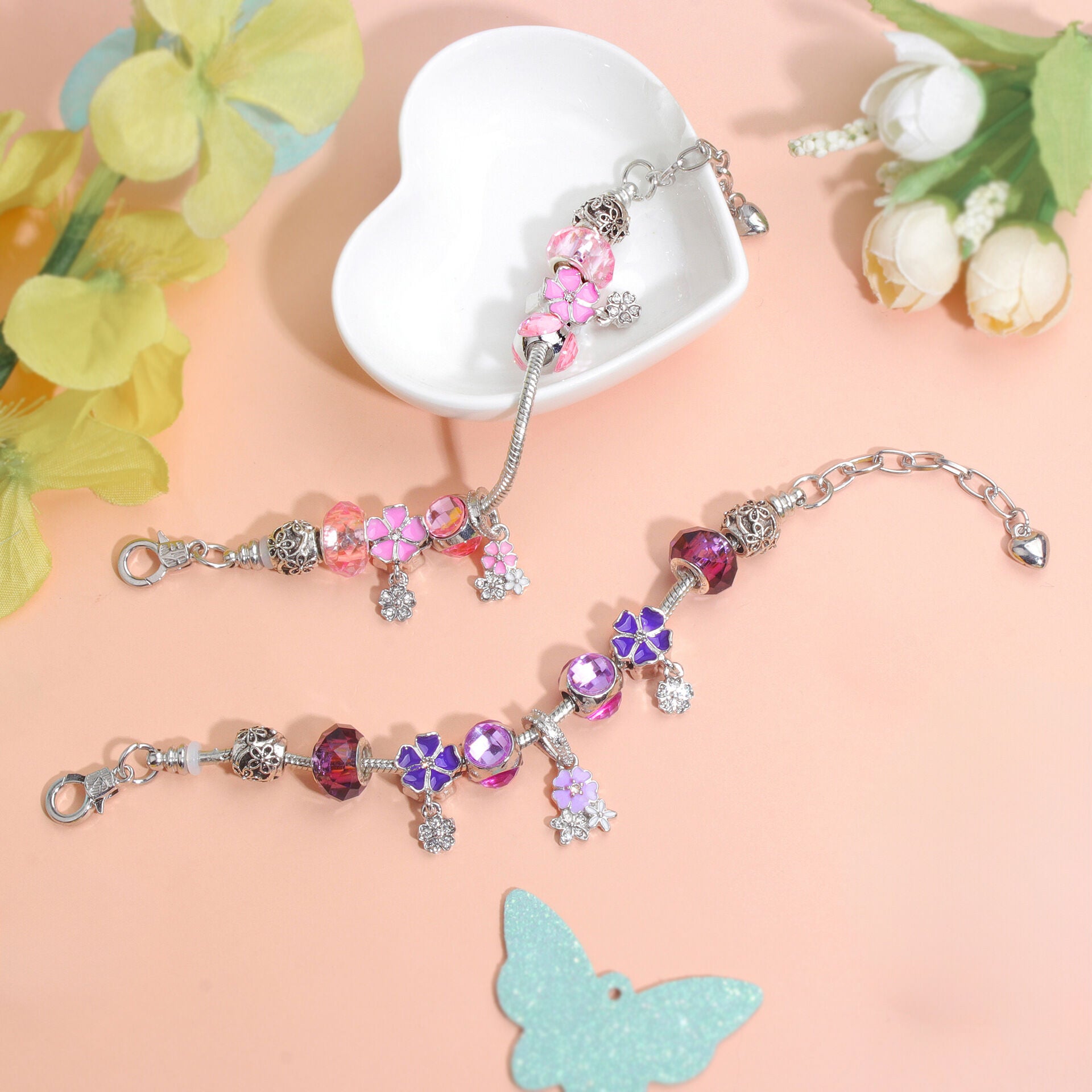 Romantic Floral Big Glass Bead Petal Pendant DIY Bracelet(pink-18cm) V1132-NSSL59-PINK-18
