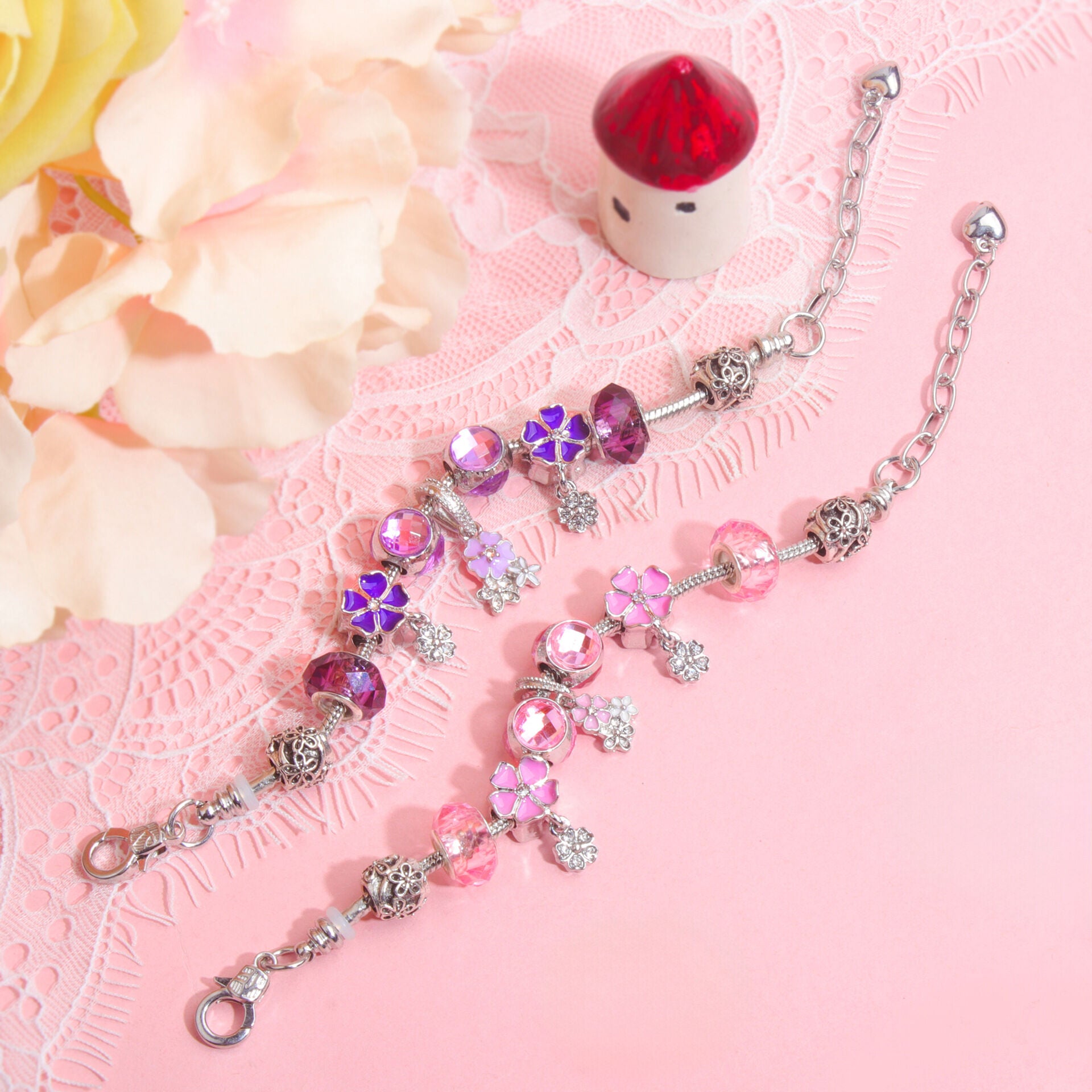 Romantic Floral Big Glass Bead Petal Pendant DIY Bracelet(pink-18cm) V1132-NSSL59-PINK-18