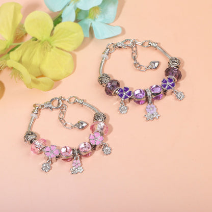 Romantic Floral Big Glass Bead Petal Pendant DIY Bracelet(pink-18cm) V1132-NSSL59-PINK-18