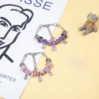 Romantic Floral Big Glass Bead Petal Pendant DIY Bracelet(pink-19cm) V1132-NSSL59-PINK-19