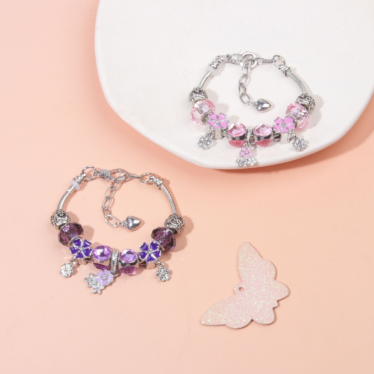 Romantic Floral Big Glass Bead Petal Pendant DIY Bracelet(pink-19cm) V1132-NSSL59-PINK-19