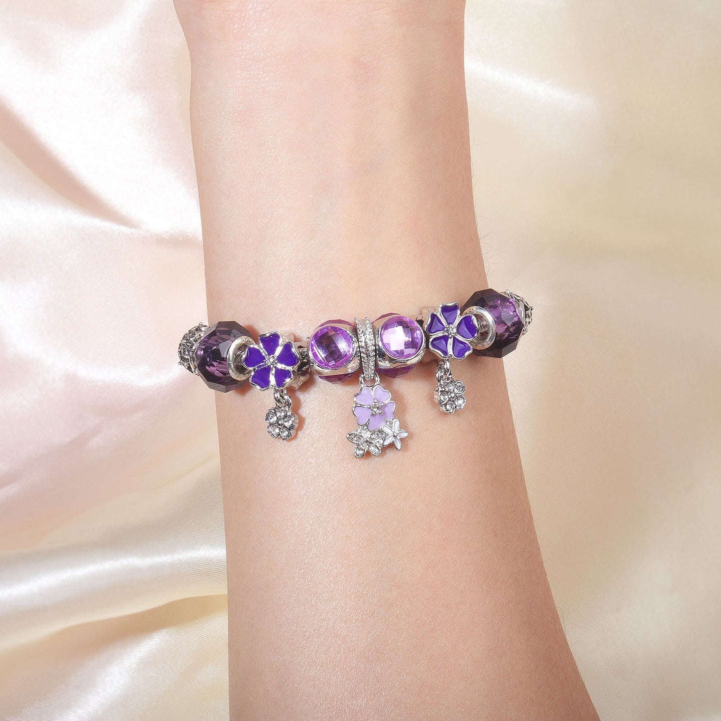 Romantic Floral Big Glass Bead Petal Pendant DIY Bracelet(purple-20cm) V1132-NSSL59-PURPLE-20