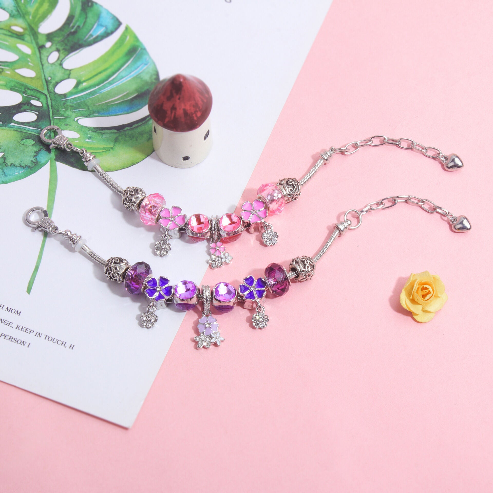 Romantic Floral Big Glass Bead Petal Pendant DIY Bracelet(purple-20cm) V1132-NSSL59-PURPLE-20