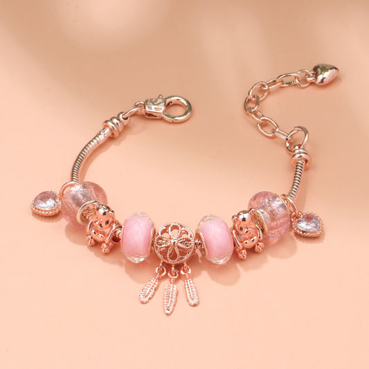 Rose Gold Charm Bracelet with Dreamcatcher & Bear Beads, Colorful Glass Beads Bracelet(16cm) V1132-NSSL6-16