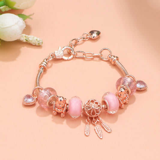 Rose Gold Charm Bracelet with Dreamcatcher & Bear Beads, Colorful Glass Beads Bracelet(18cm) V1132-NSSL6-18