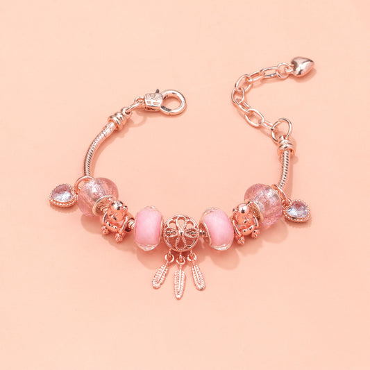 Rose Gold Charm Bracelet with Dreamcatcher & Bear Beads, Colorful Glass Beads Bracelet(20cm) V1132-NSSL6-20