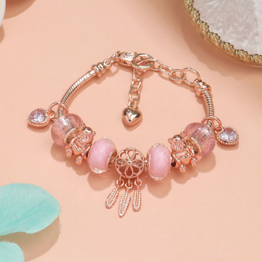 Rose Gold Charm Bracelet with Dreamcatcher & Bear Beads, Colorful Glass Beads Bracelet(20cm) V1132-NSSL6-20